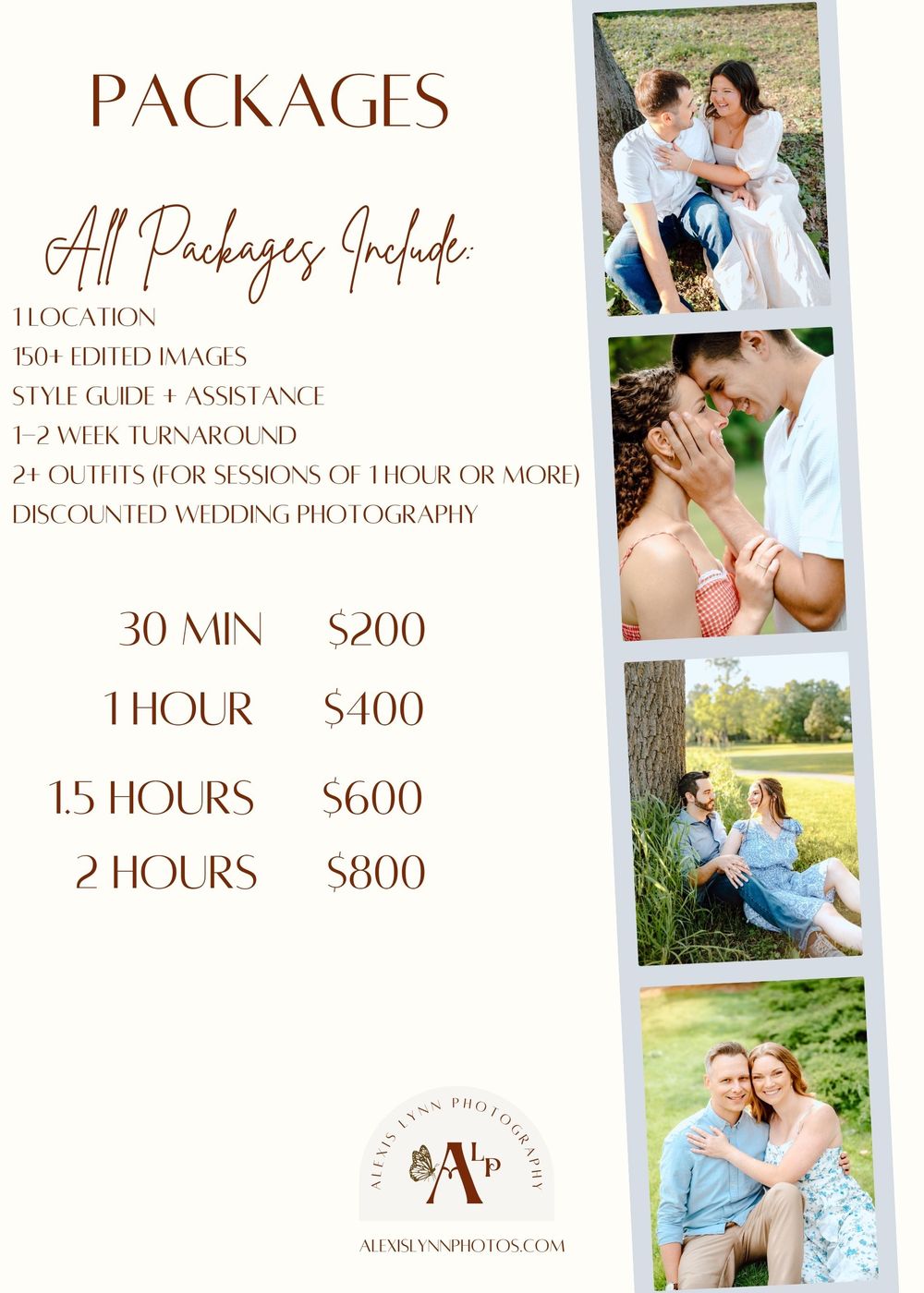 Photography package pricing menu with sample engagement photos and session details in burgundy and brown colors.