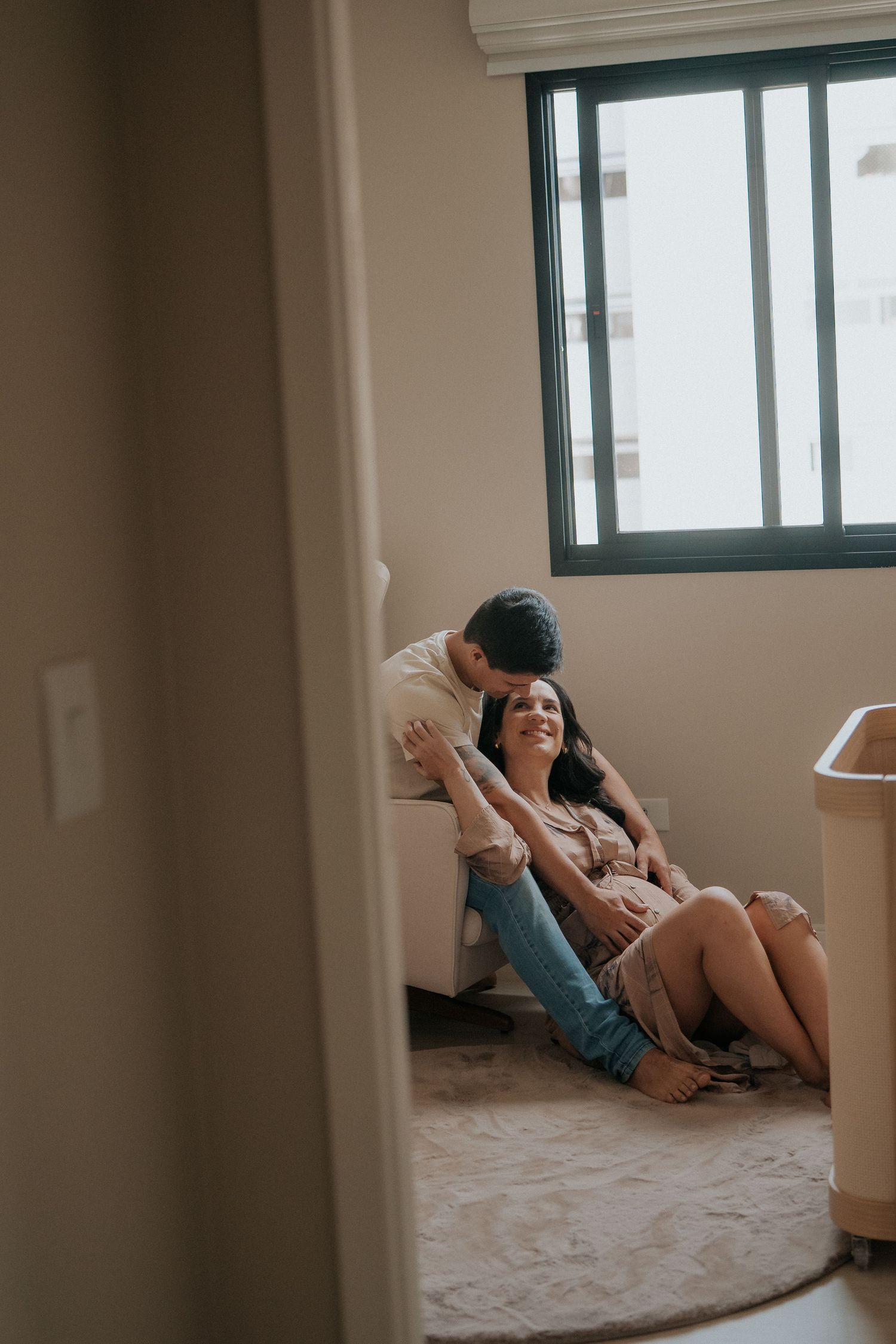 Artistic lifestyle photos captured on a carpeted floor near a window.