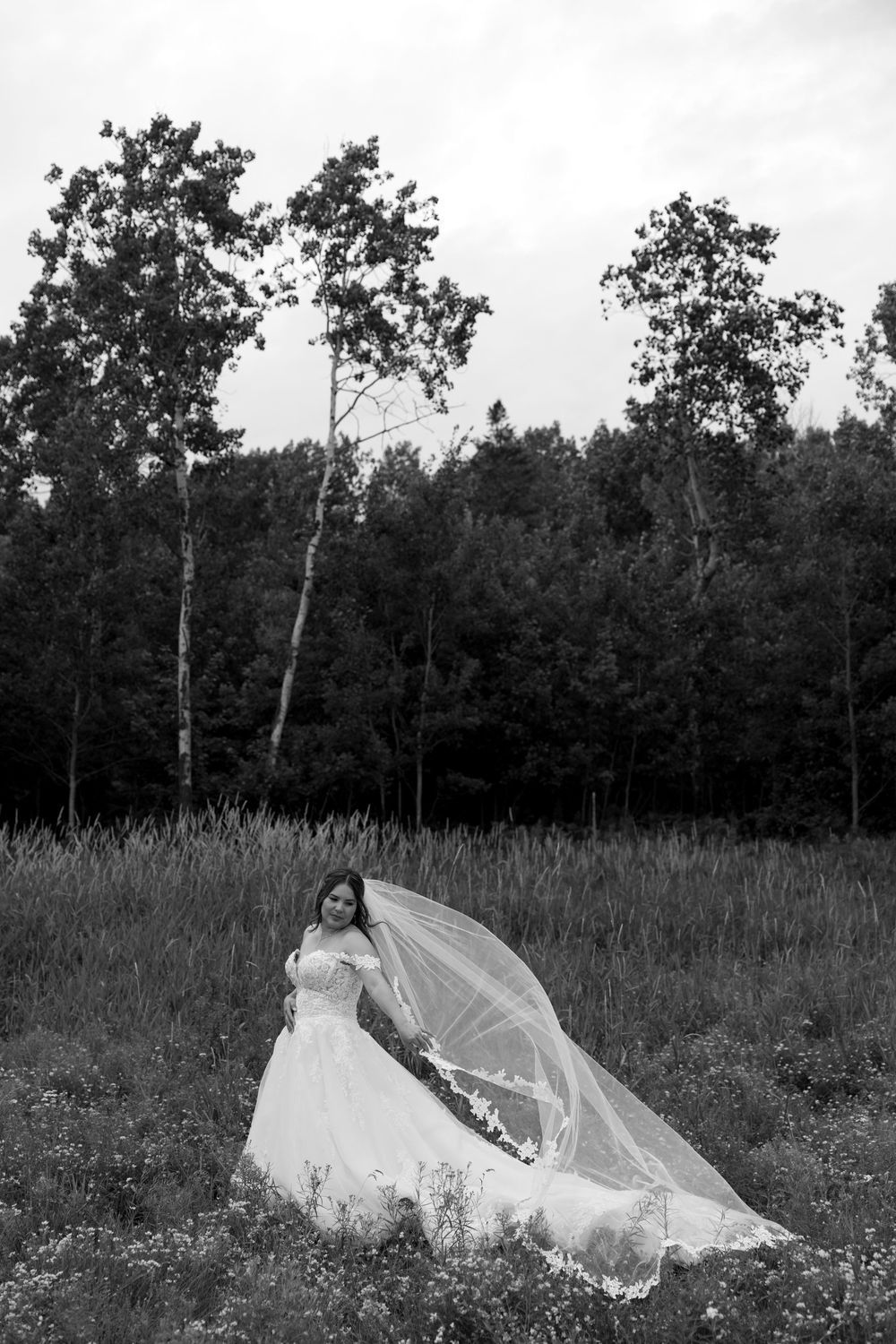 A white wedding dress and veil flow dramatically across a wildflower field with trees in the background.