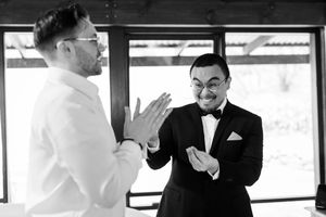 Black and white photo montage shows groomsmen sharing candid moments before the ceremony.