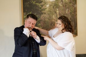 Wedding party photo series showing joyful reactions and candid moments indoors.