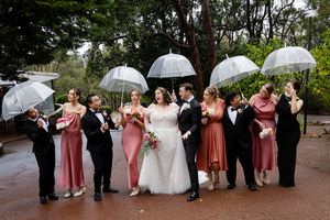 Wedding party poses with clear umbrellas in a line on a rainy day in the woods.