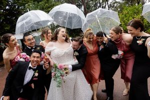 A sequence of wedding party photos shows joyous moments shared under clear umbrellas on a wet wedding day.