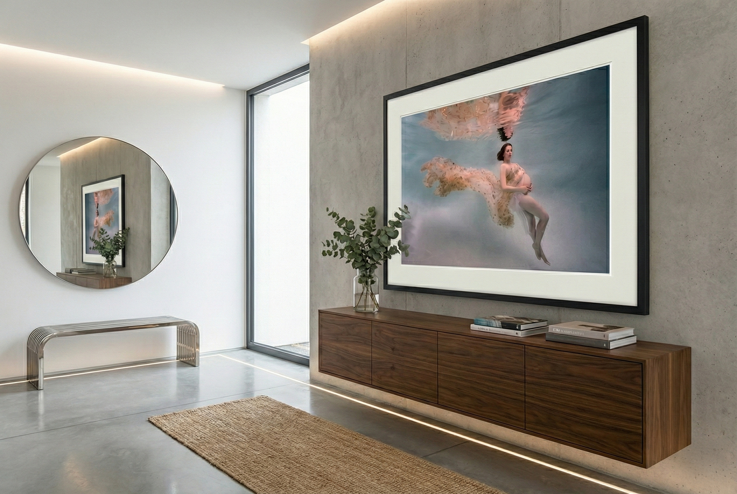 Elegant living room with wood paneling, marble fireplace, plush armchairs and ethereal artwork above the mantle.