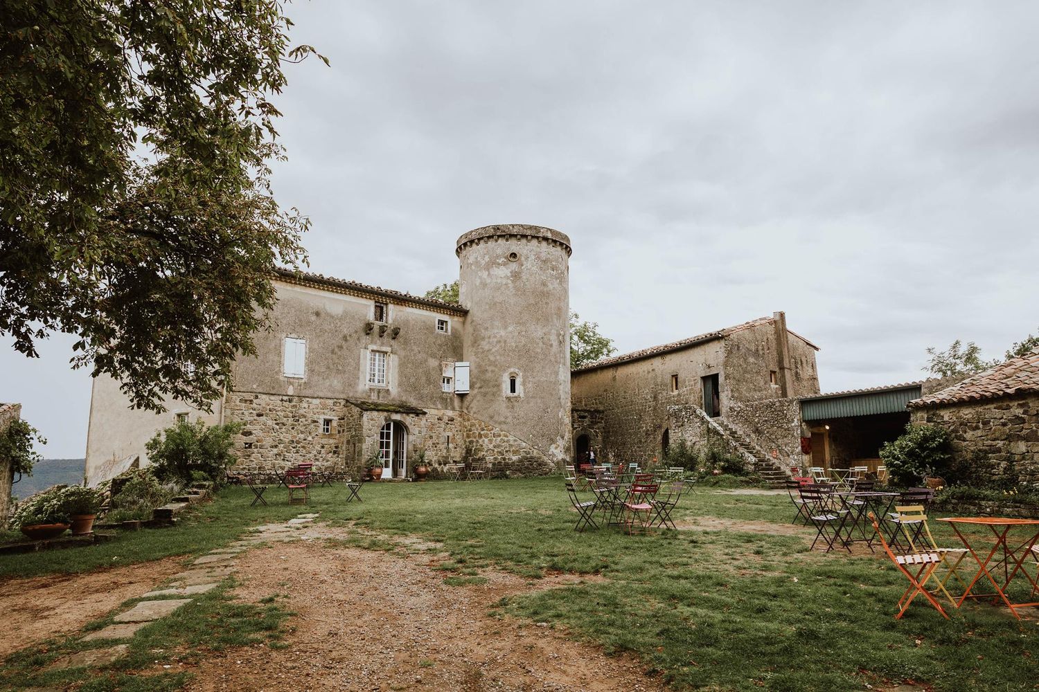 Panoramic view of a rustic stone building with towers and surrounding grounds on an overcast day.