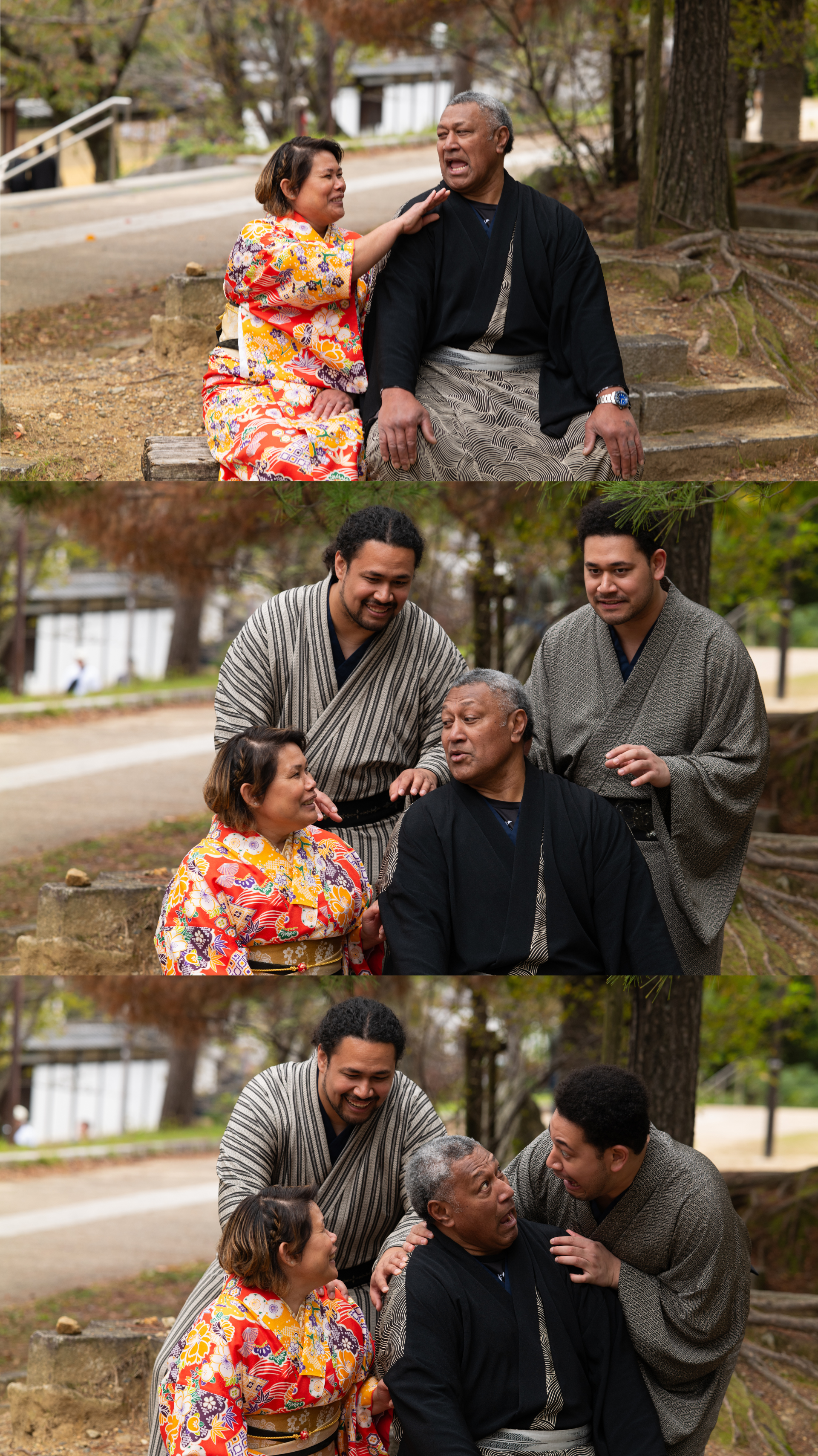 Family in traditional Japanese kimono share joyful laughing moments on park bench in Kyoto.