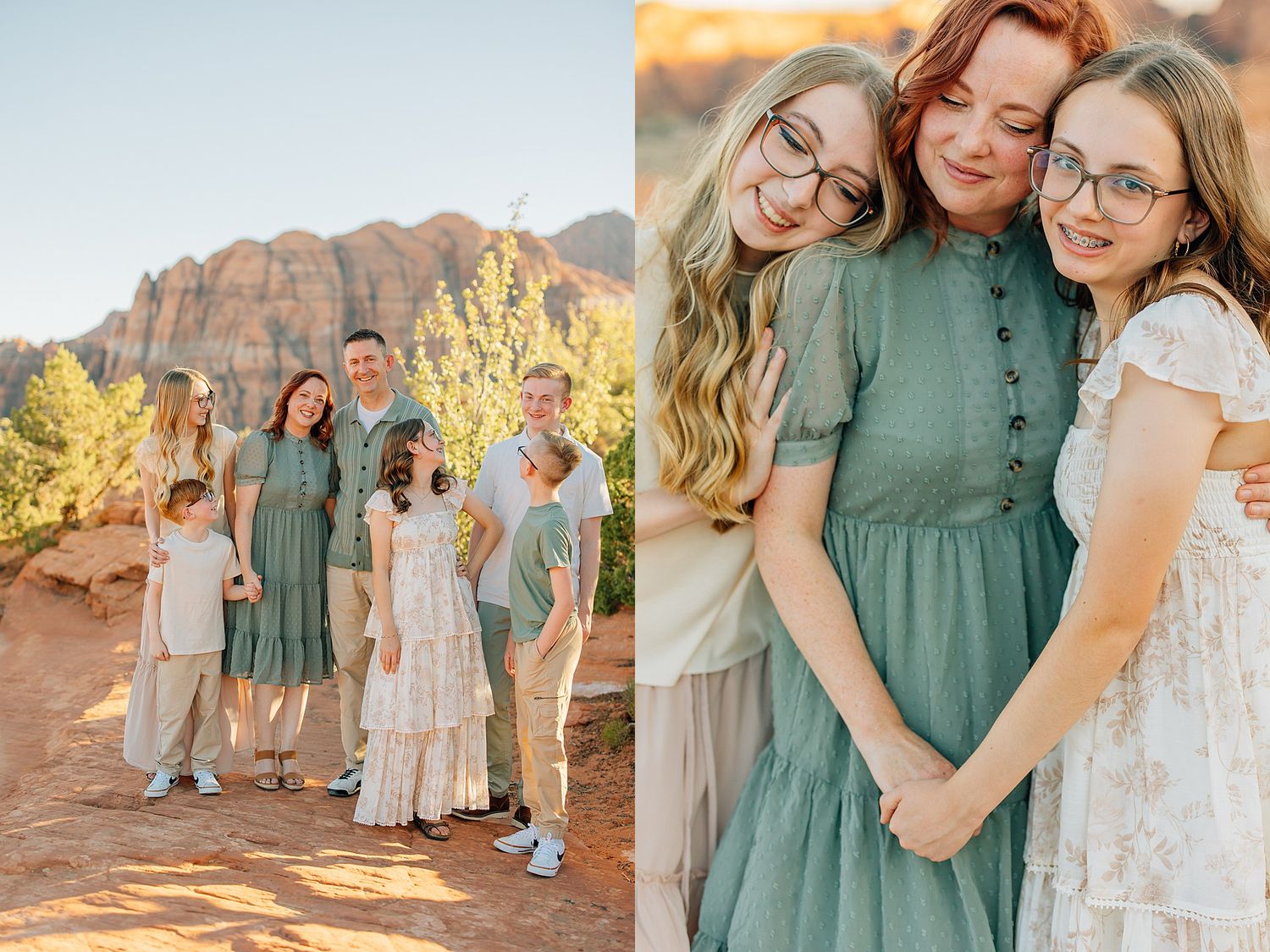 Candid family moments captured against warm desert scenery during golden hour.