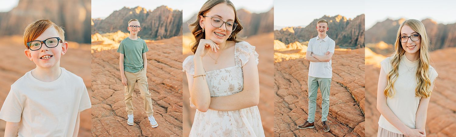 Group photos taken on red sandstone with dramatic desert cliffs in the background.