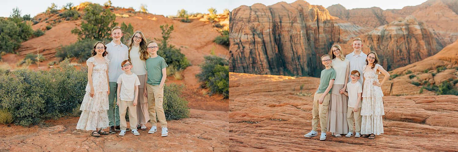 Panoramic view of family photo session with red cliffs and desert vegetation.