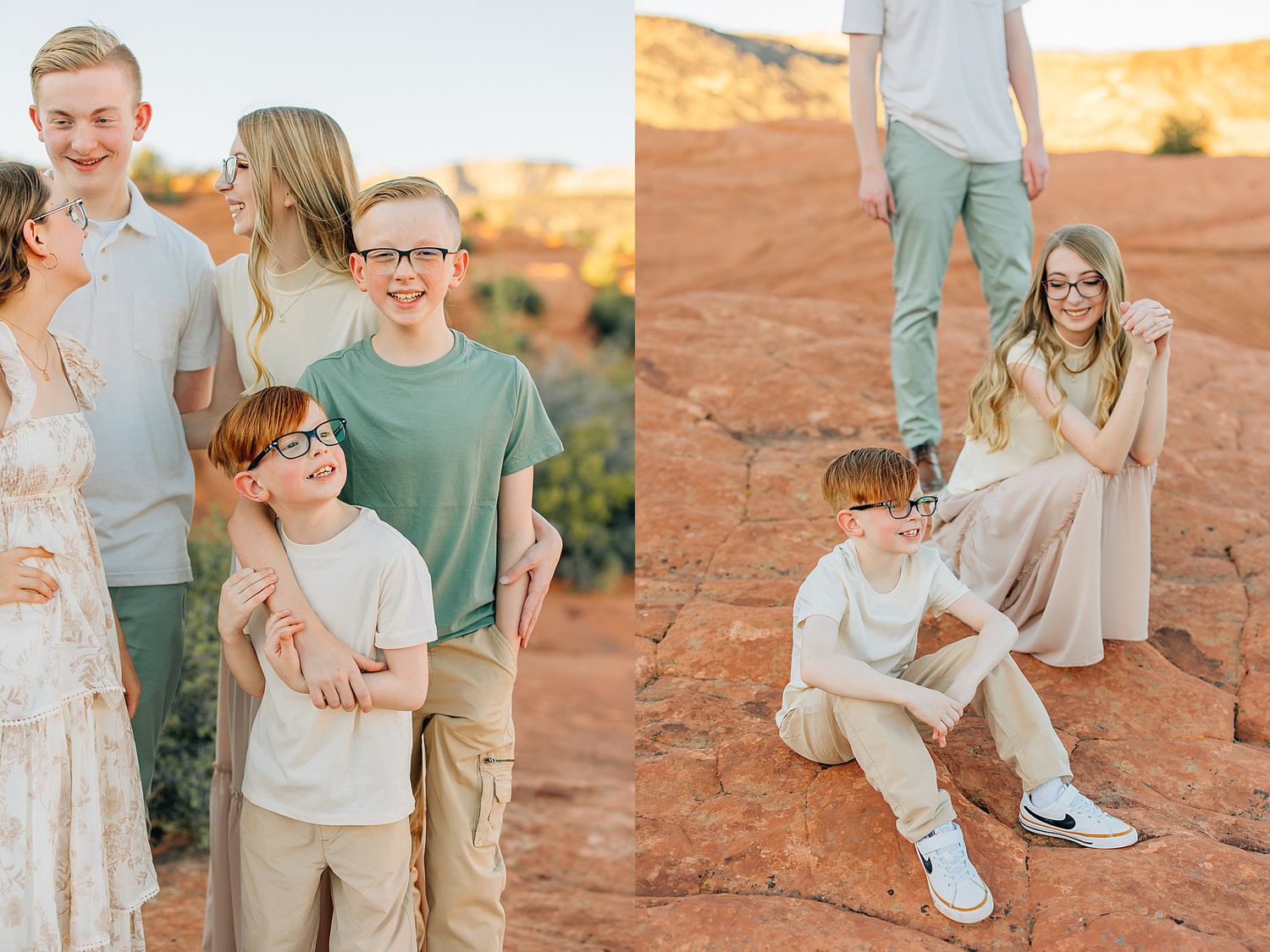 Casual family interactions captured on red desert rocks during sunset.