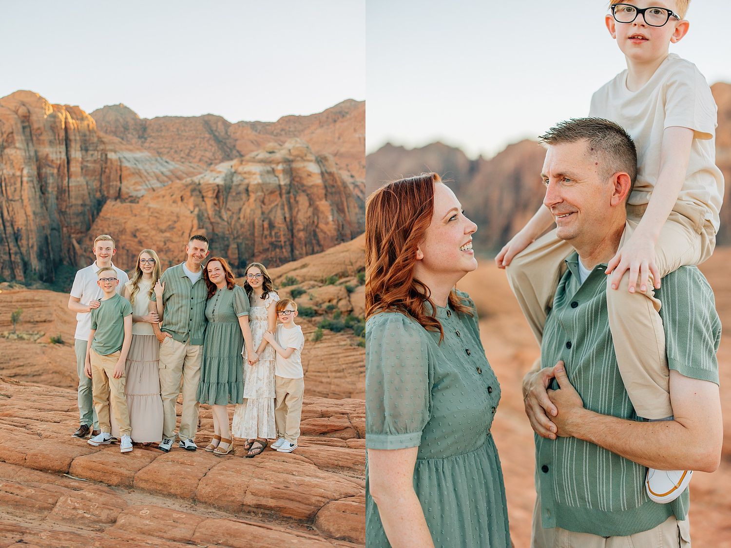 Natural family moments photographed against majestic red rock formations.