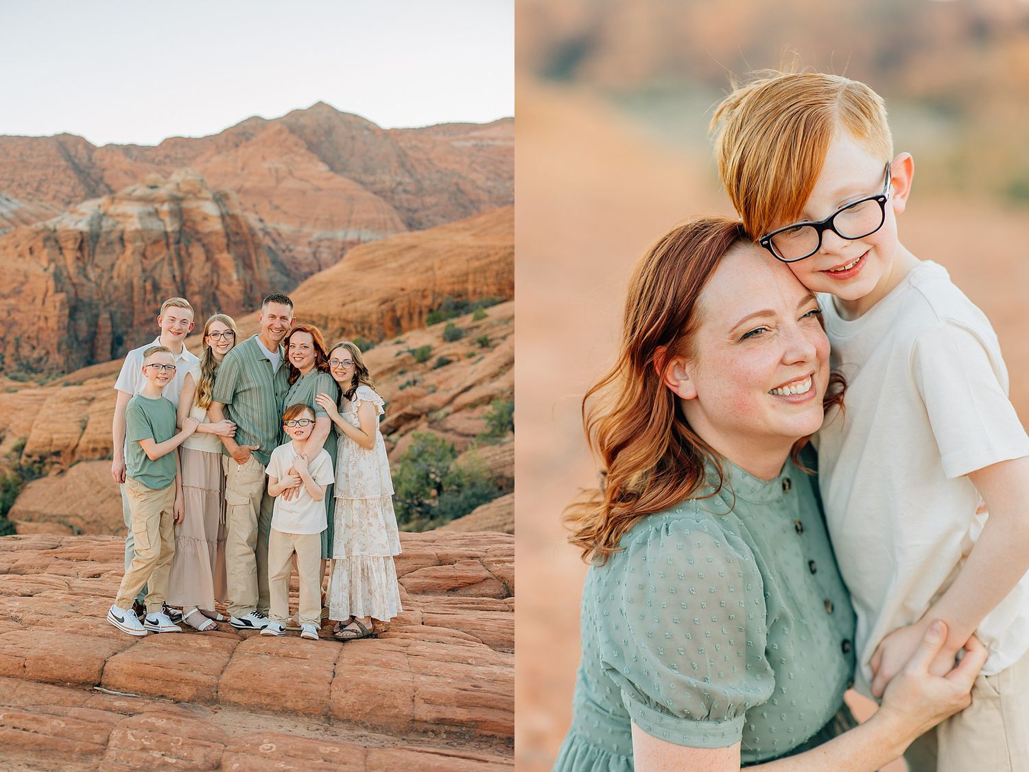 Collection of candid family moments captured in a stunning desert landscape.