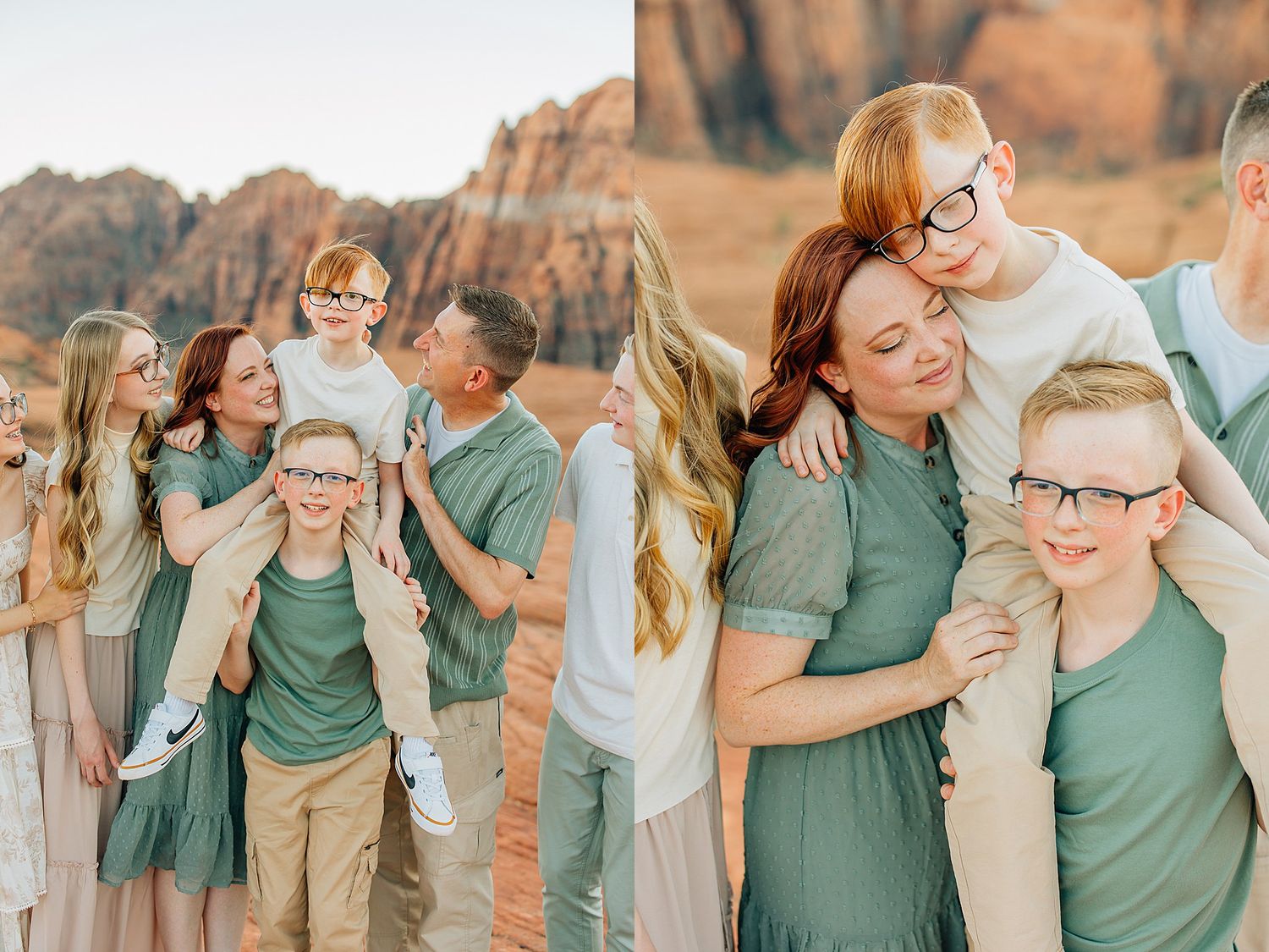 A group wearing coordinated sage green and white outfits poses together against red rock formations in Utah.