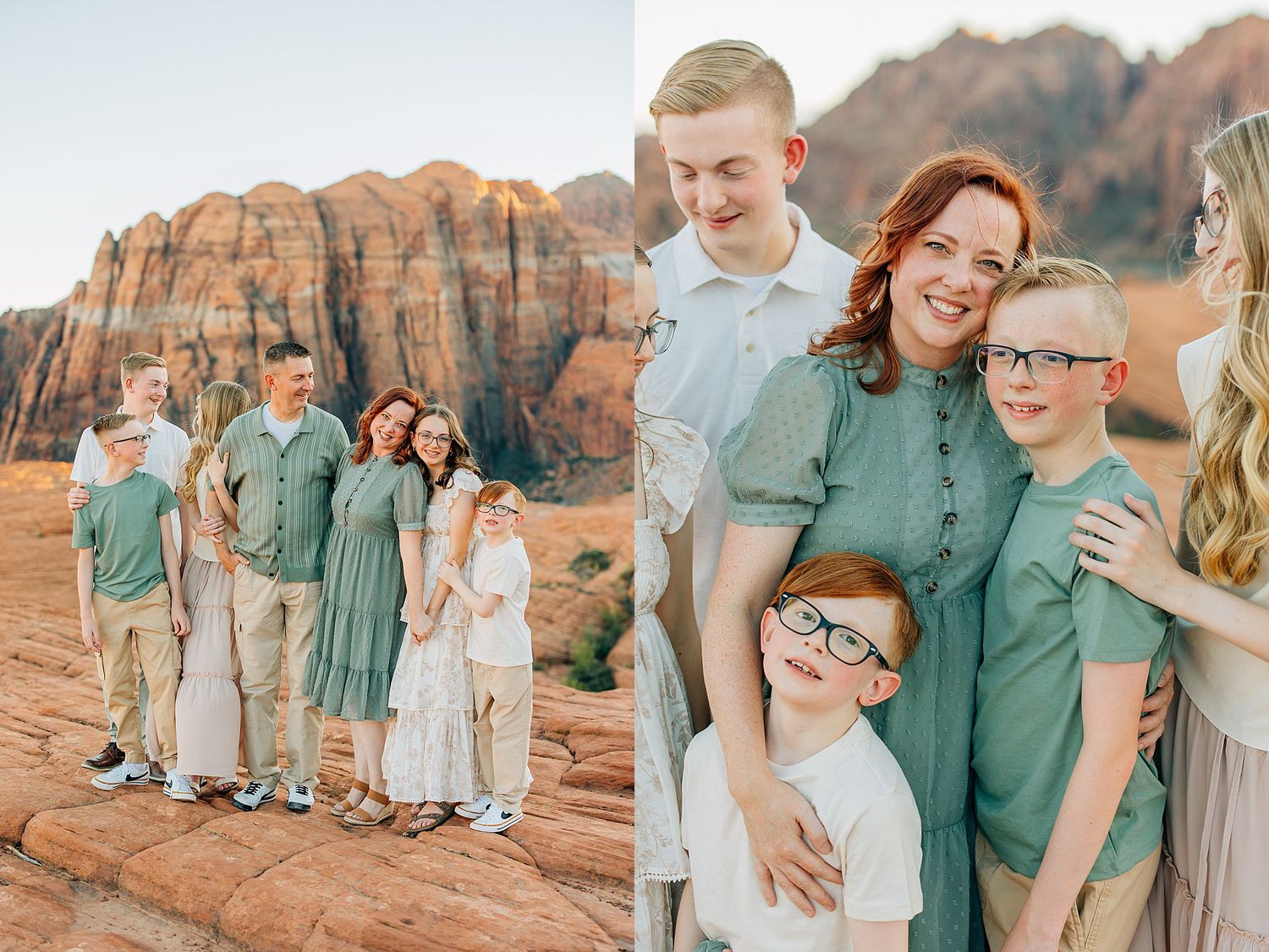 Candid and posed family portraits against dramatic red rock cliffs in desert landscape.