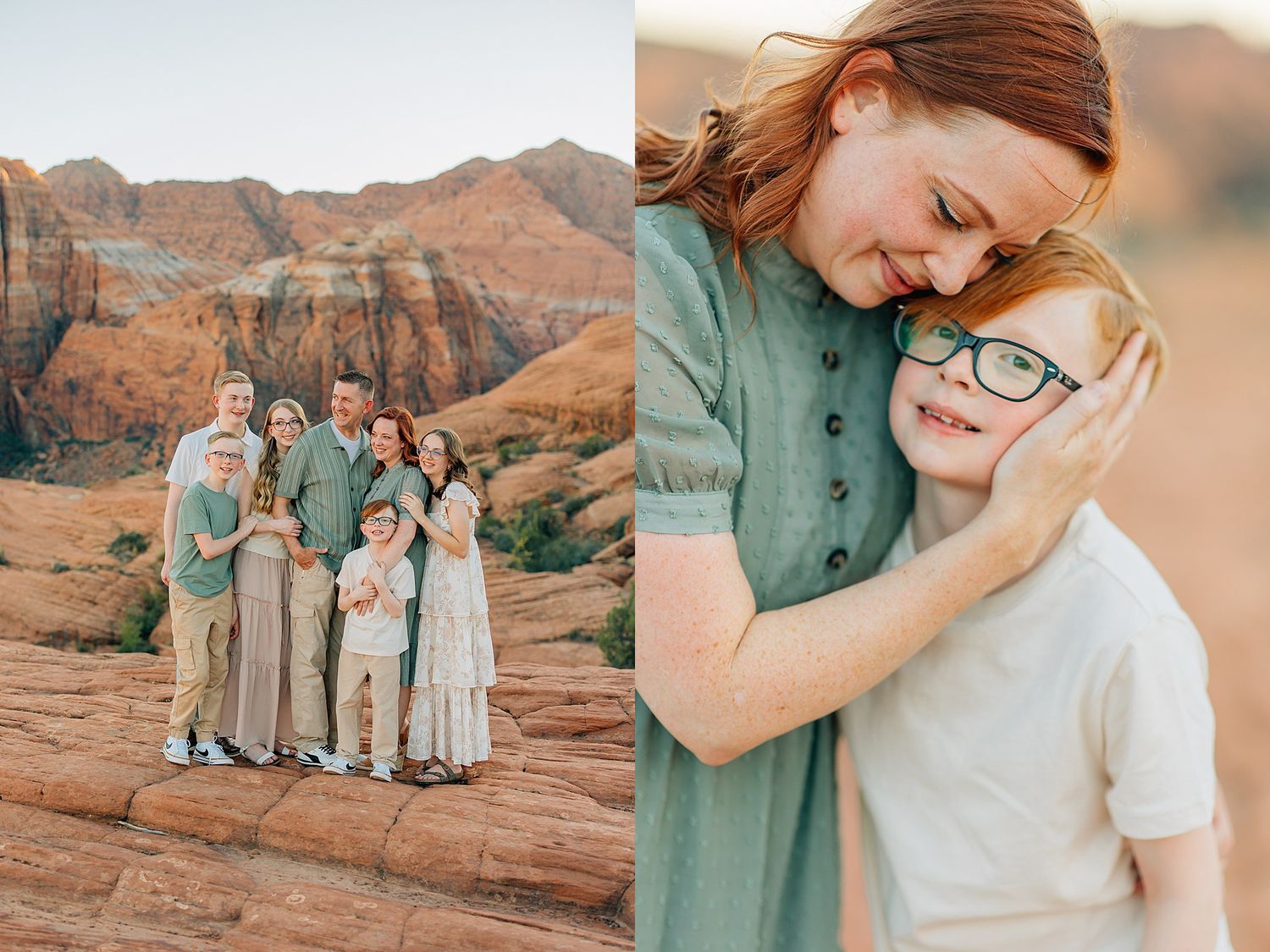 Side-by-side family portraits in desert landscape with towering red rock cliffs.