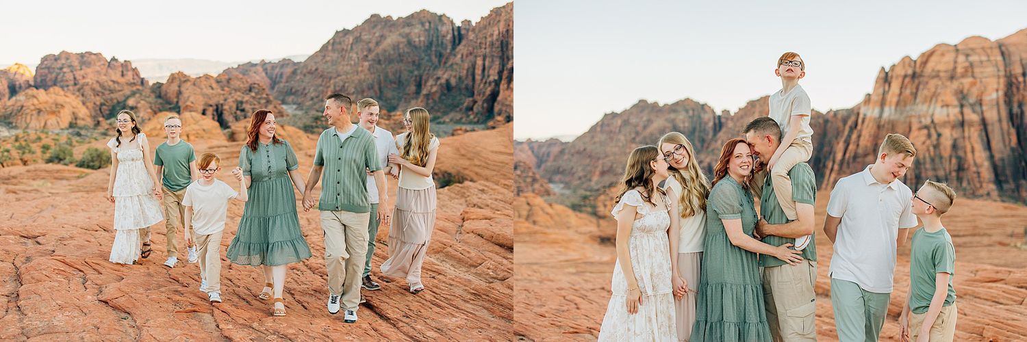 Candid and posed group photos on red rock formations during golden hour photography session.
