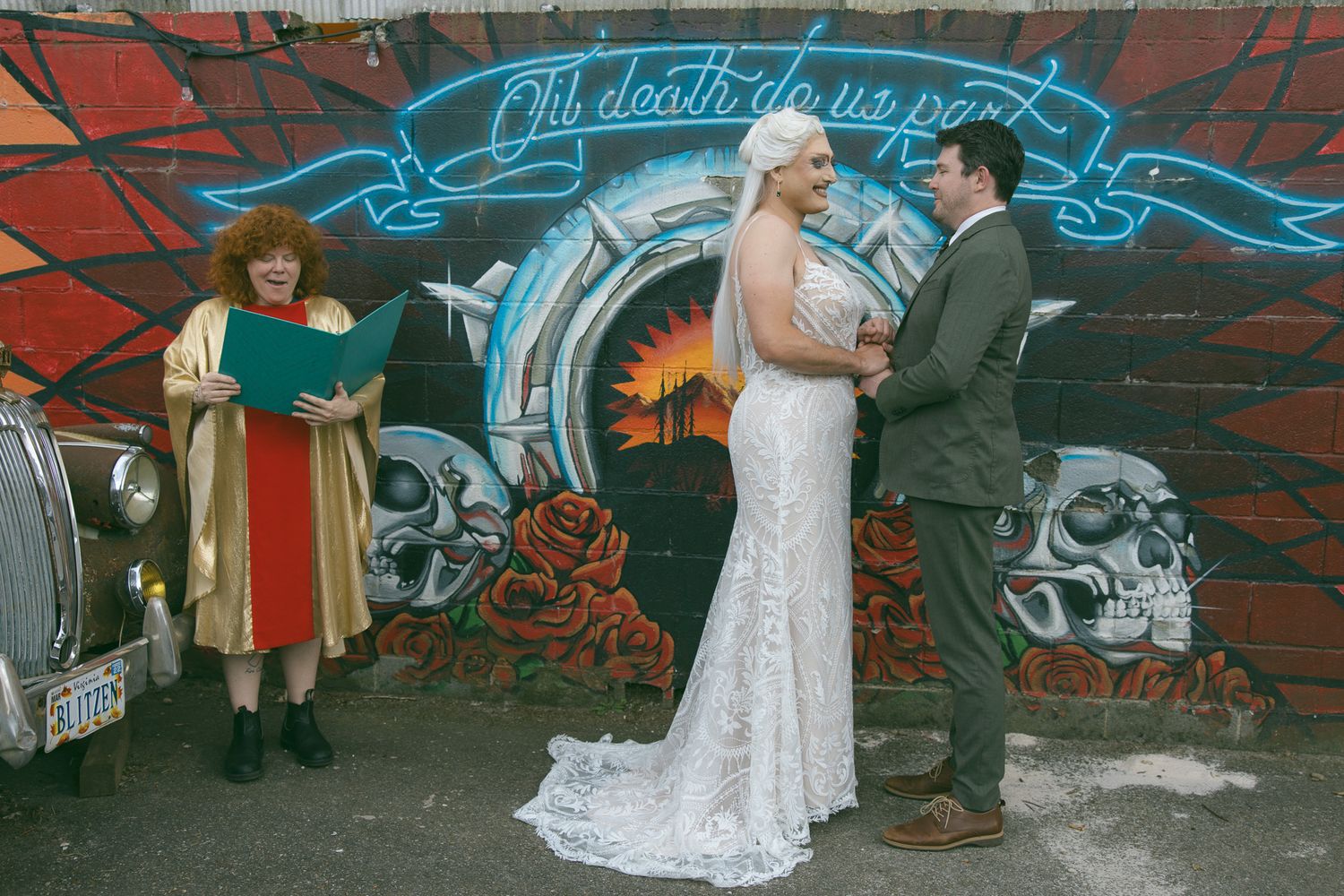 queer lgbtq drag queen wedding elopement asheville NC SC TN GA inclusive photographer fleetwoods vintage chapel ceremony mural alternative