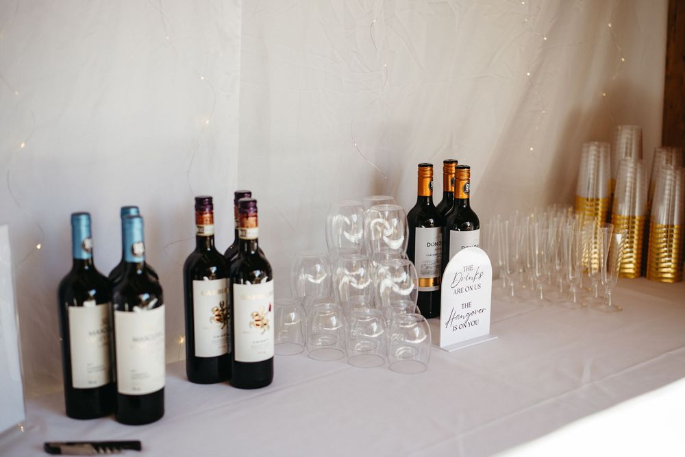 wine bar at an outdoor backyard wedding, experienced wedding photographer in Moncton, New Brunswick, registered business wedding photography
