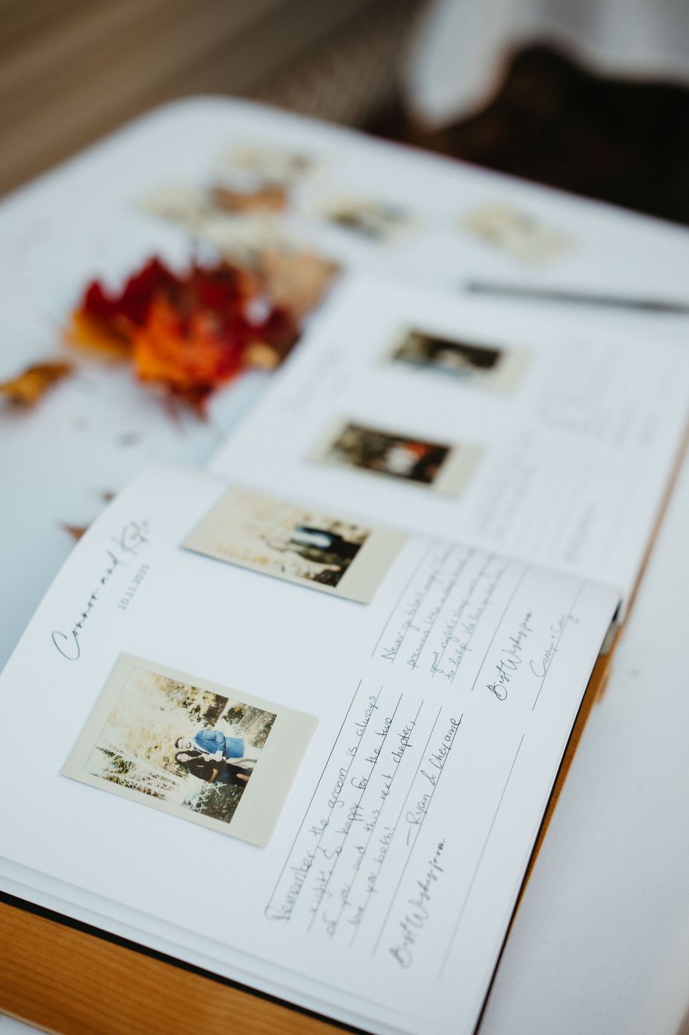 guests sign guest book with polaroid camera in an outdoor fall wedding in Miramichi New Brunswick, candid wedding photography Maritimes