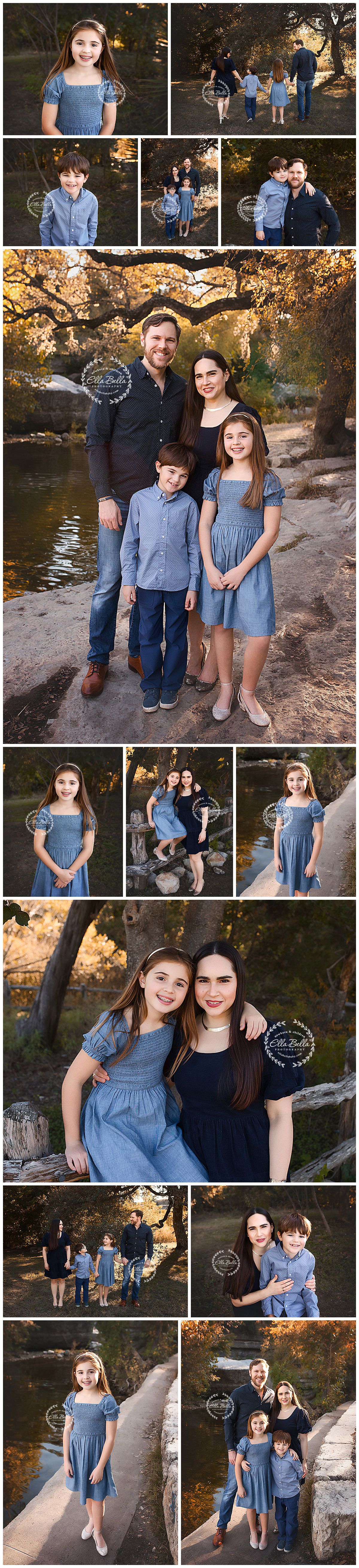 Family portrait session at sunset by a lake with coordinated blue outfits and natural fall scenery in the background.