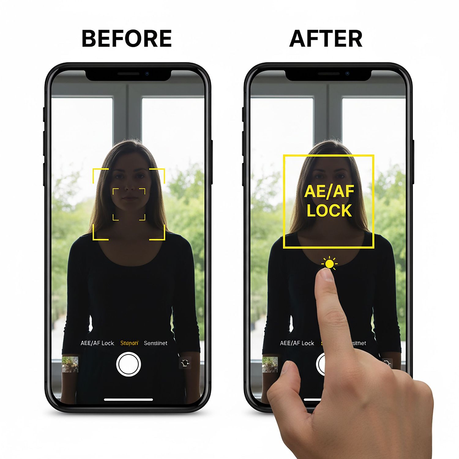 Smartphone camera interface showing focus and exposure lock controls with finger tapping gesture demonstration.