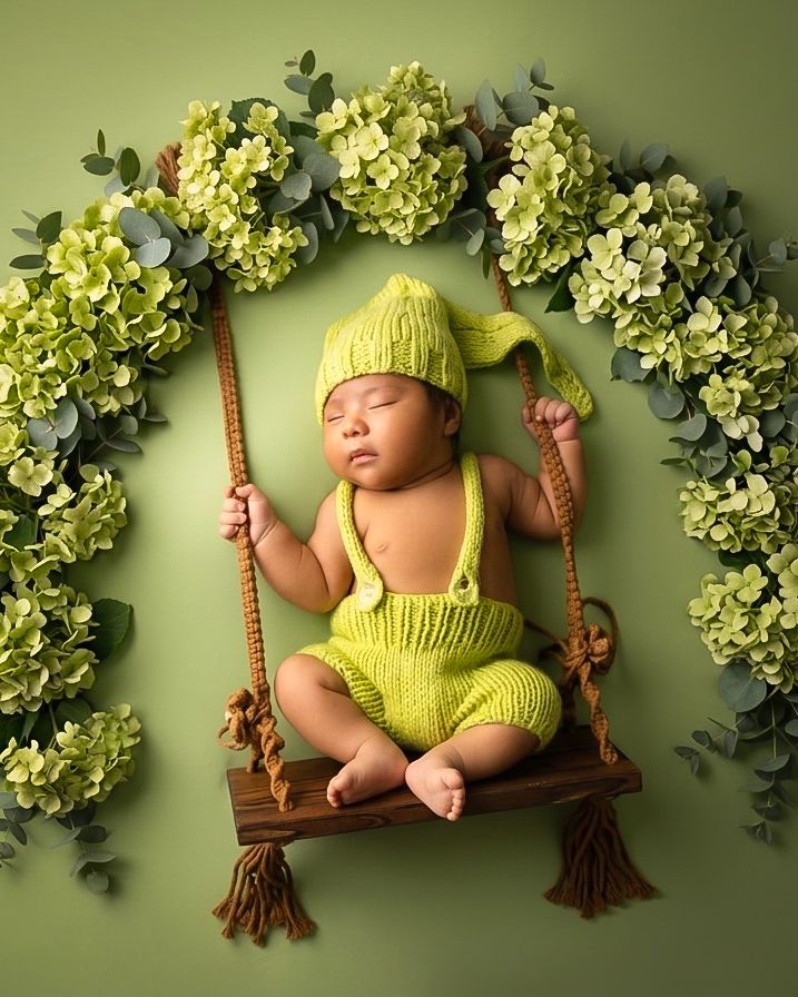 Sleeping newborn in green knit outfit posed on wooden swing surrounded by green hydrangea flowers.
