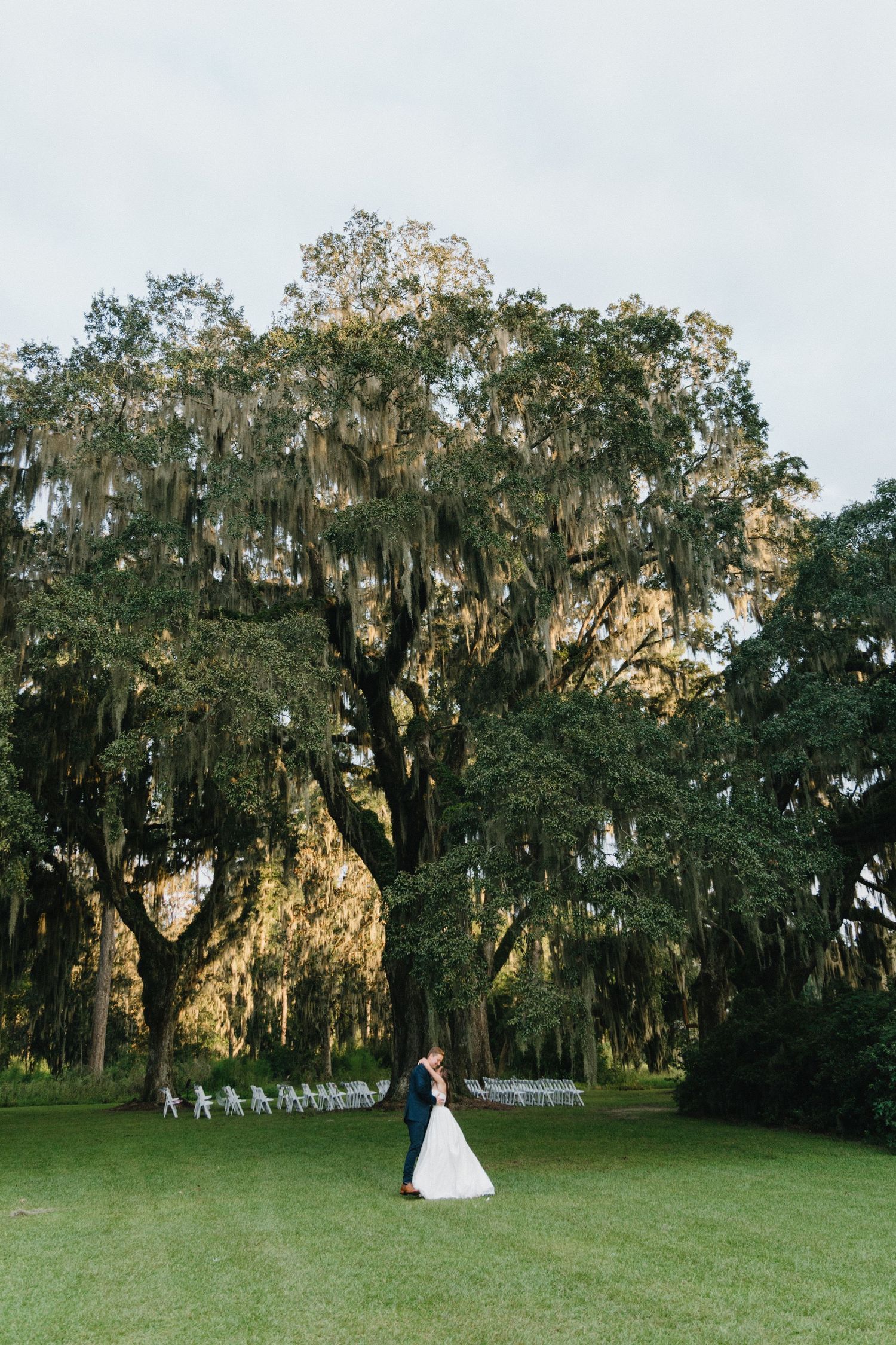 Outdoor wedding ceremony setup under majestic Spanish moss-draped oak trees in a lush Southern garden.