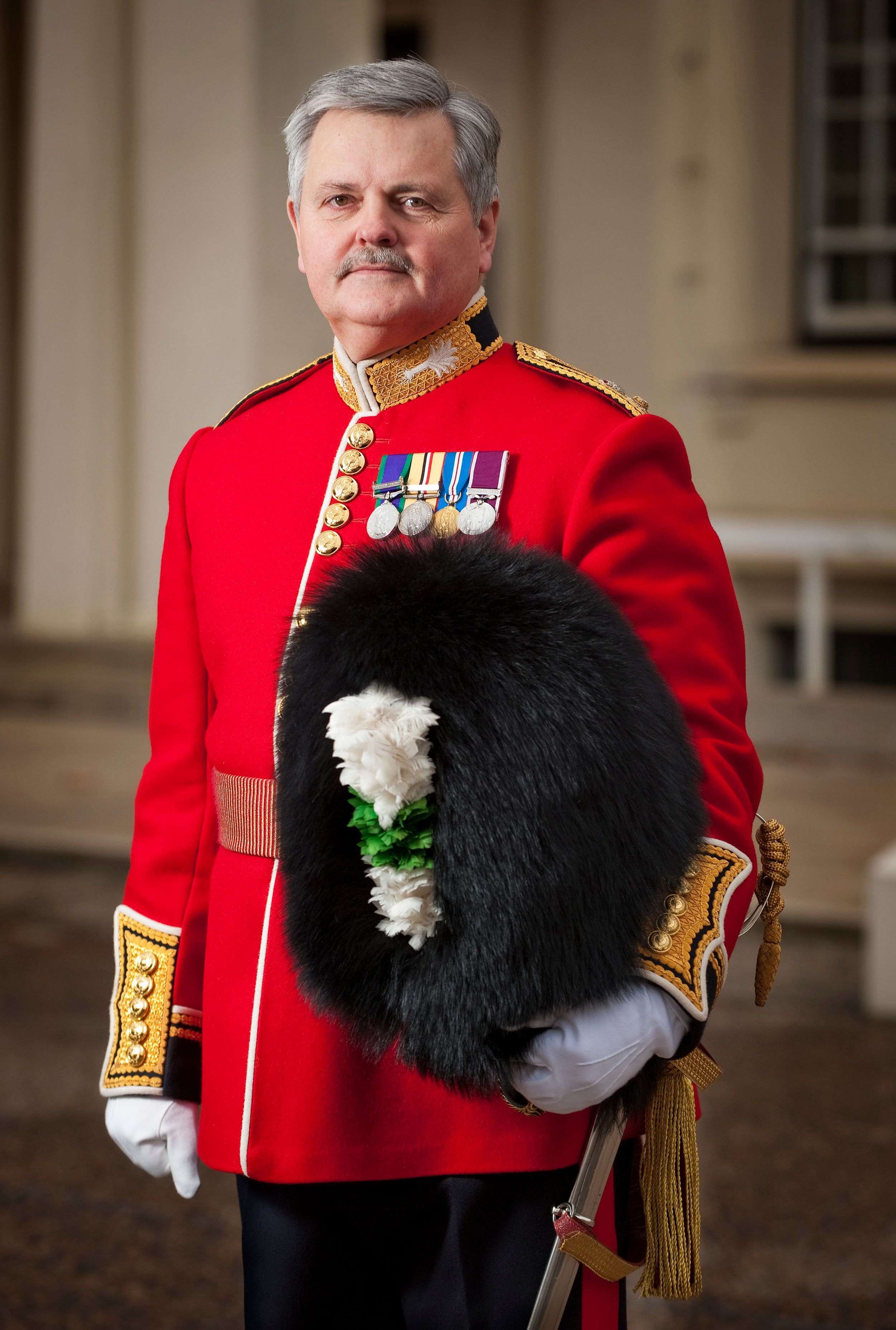 Director of Music, (DoM) posing in uniform in Wellingtom Barracks, prior to marching across to Buckingham Palace for Changing of the Guard.