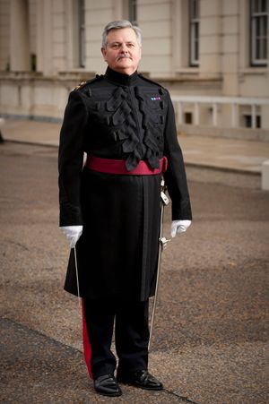 Director of Music, (DoM) posing in uniform in Wellingtom Barracks, prior to marching across to Buckingham Palace for Changing of the Guard.