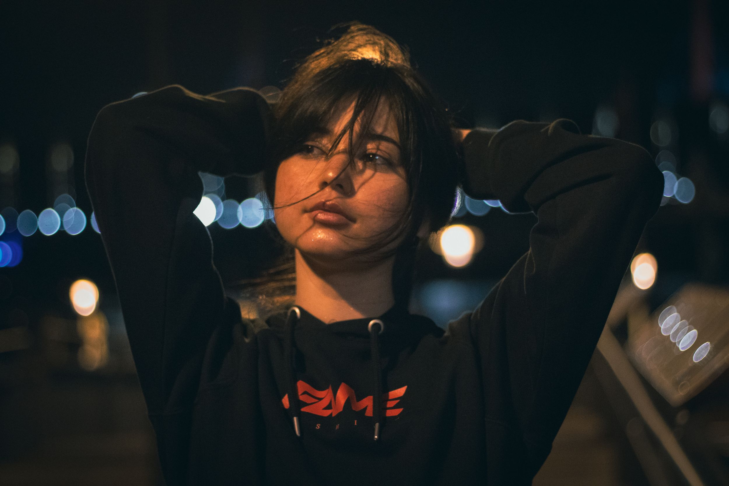 cinematic portrait in hamburg at midnight