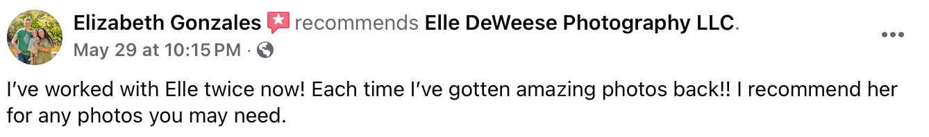Glowing online review shares a positive customer experience with Elle DeWeese Photography LLC. Located in Albuquerque, New Mexico.