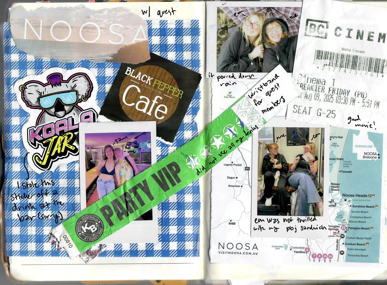 A scrapbook page with concert tickets, photos, and memorabilia arranged on blue gingham background.