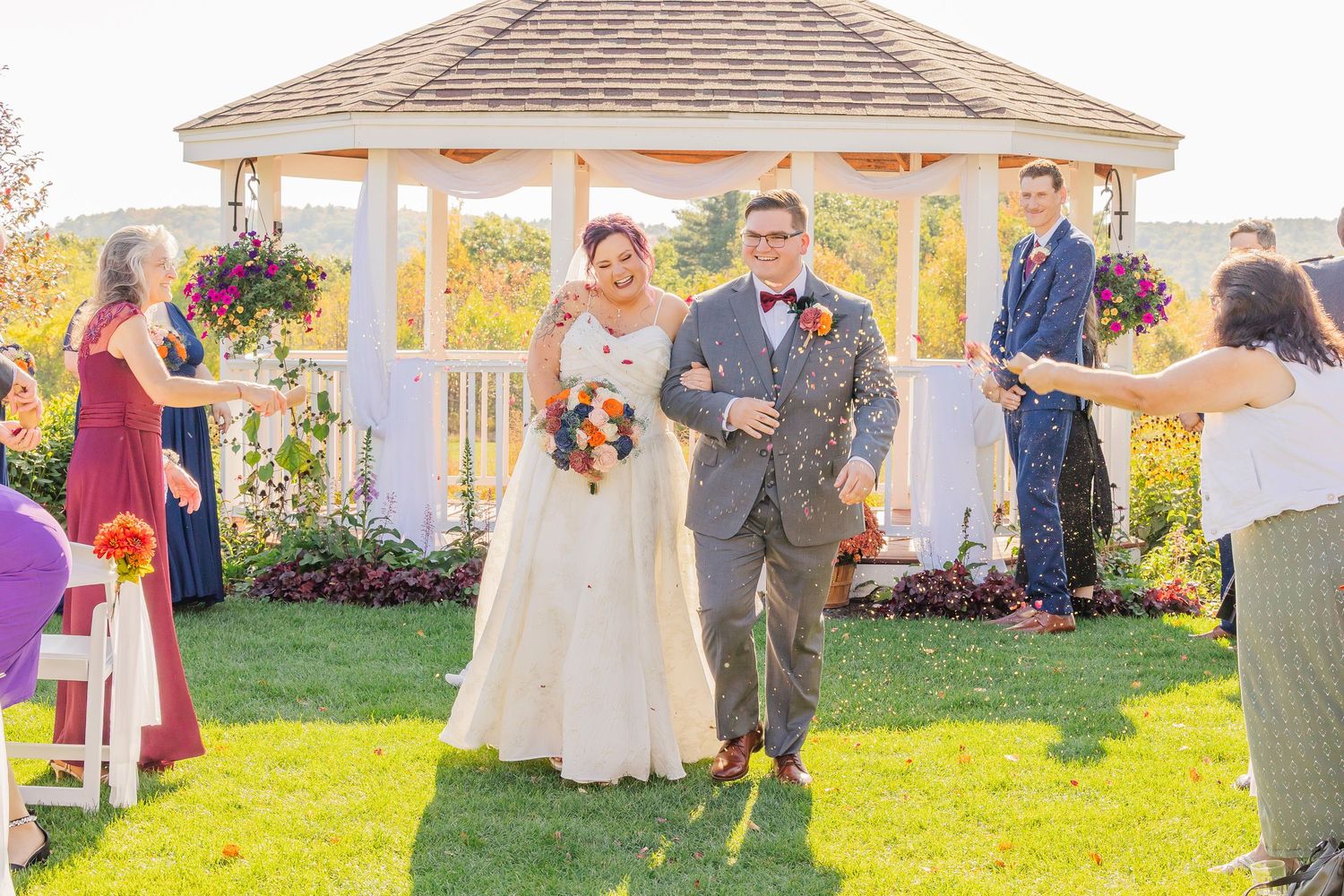 A collage of outdoor wedding ceremony moments at a gazebo venue with floral decorations in warm sunlight.