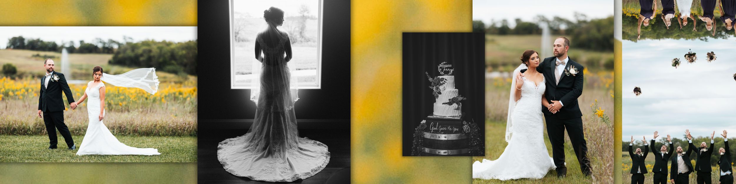 A collection of wedding photographs arranged in a filmstrip showing various moments from the ceremony and celebration.