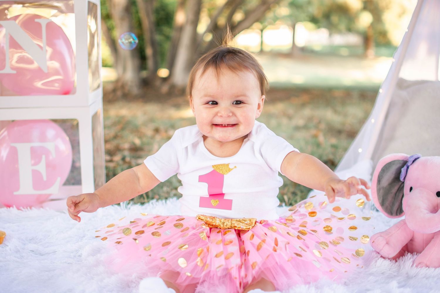 Pink and white themed cake smash photo session with tutu and teepee decorations in natural lighting.