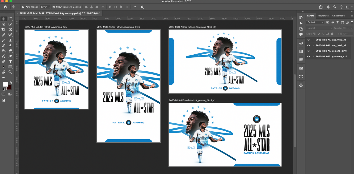 Adobe Photoshop workspace showing 2025 MLS All-Star Charlotte FC soccer player graphic design.