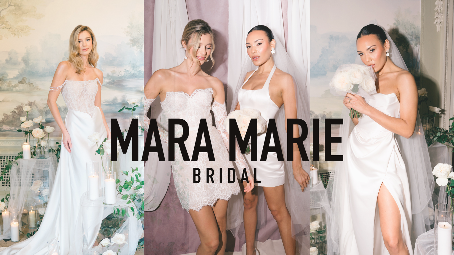Bridal collection banner displaying elegant white gowns and intimate wear.
