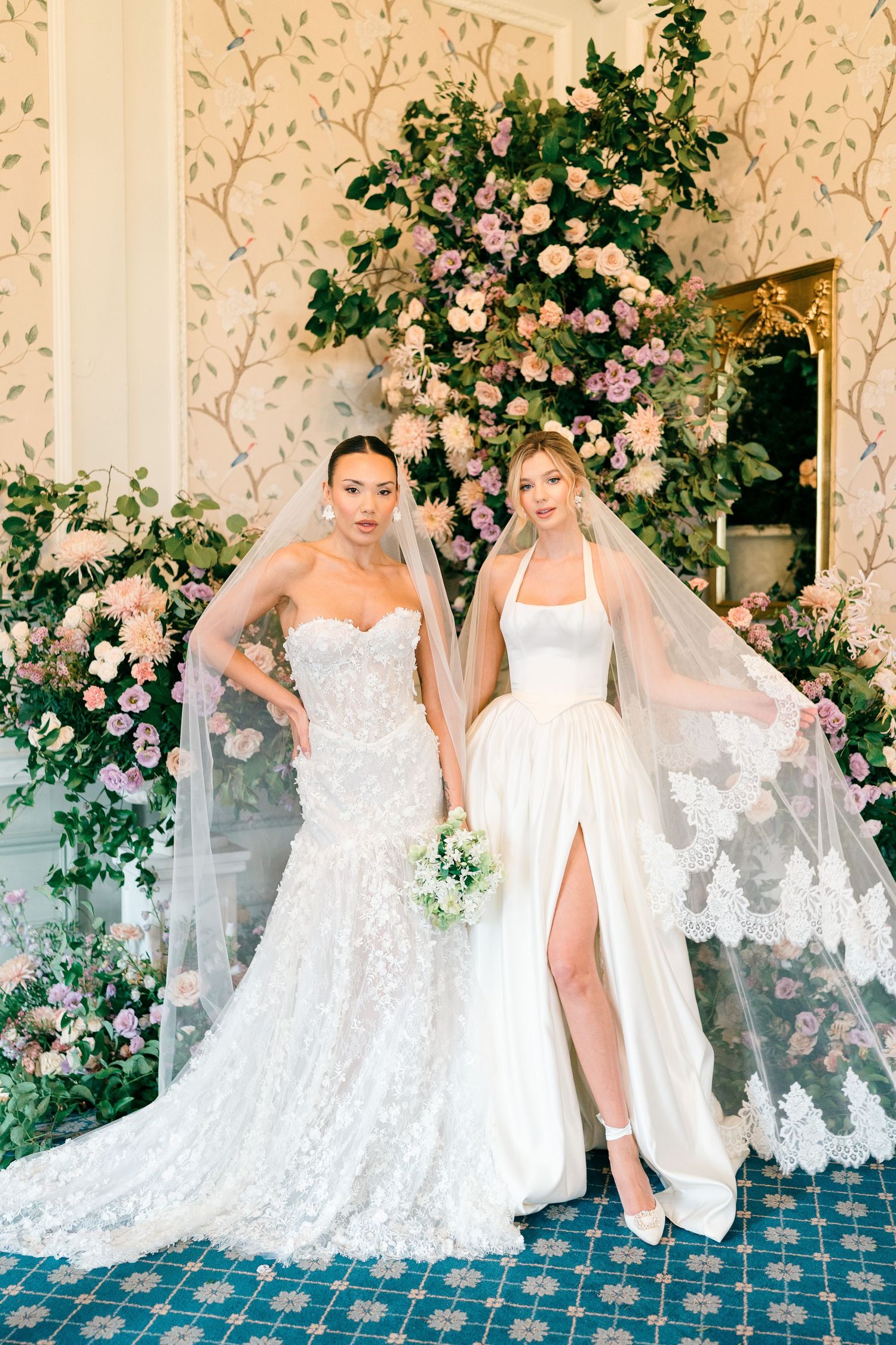 Wedding gown showcase featuring lace details and flowing veils against floral backdrop.