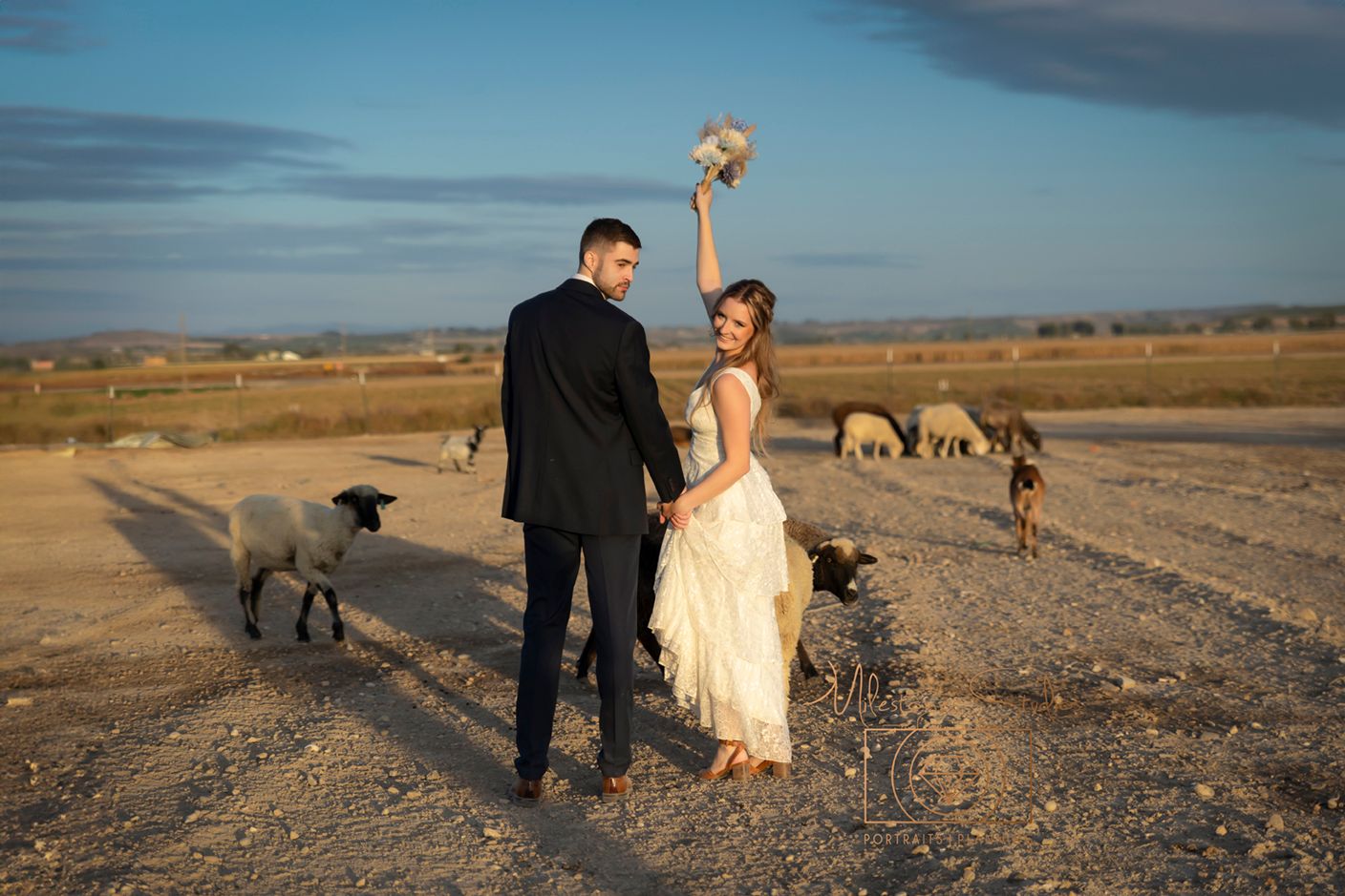 bride and groom in pasture in sun