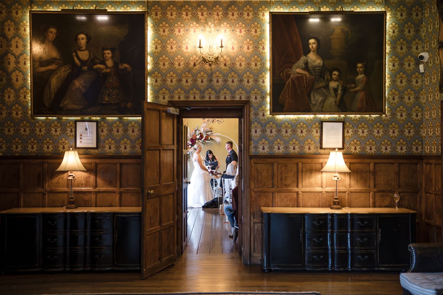Buchanan Hall wedding ceremony at Hodsock Priory viewed from the Panelled Hall