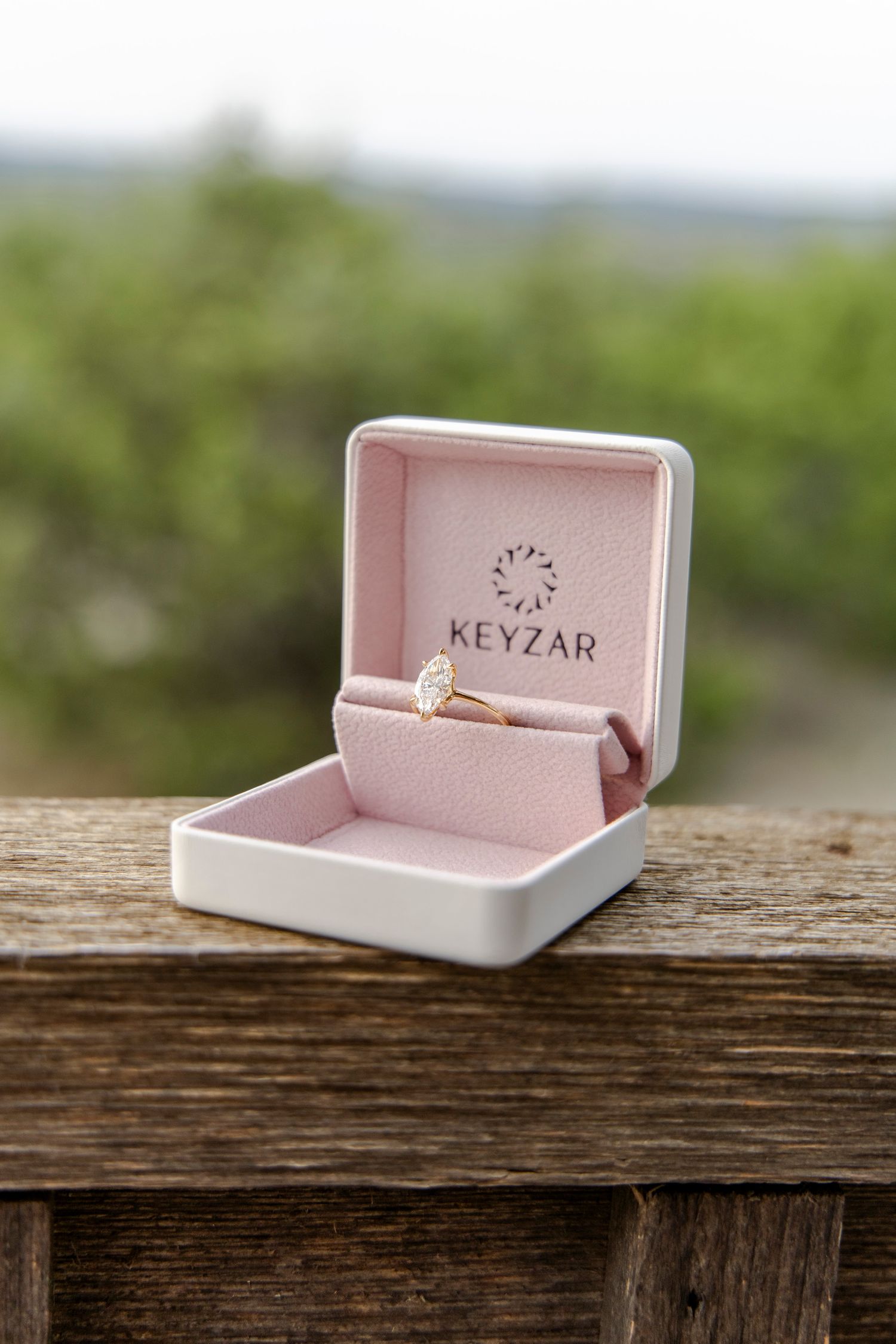 Detail shot of ring box in Dripping Springs engagement proposal.