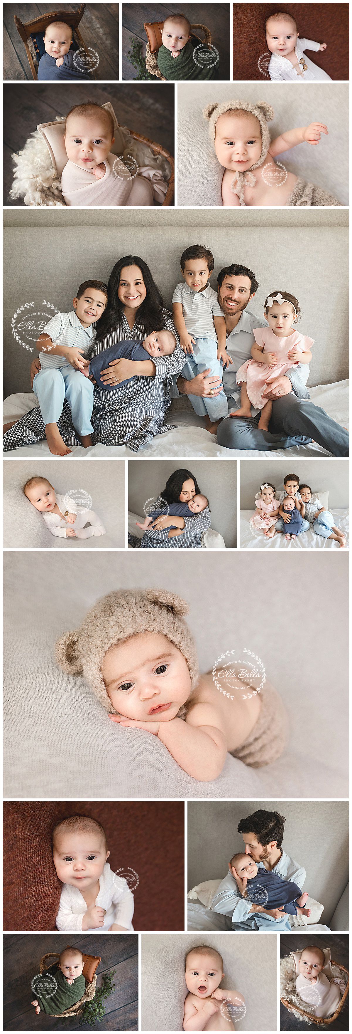 A collection of heartwarming family photos featuring parents and children in coordinated neutral outfits on a gray couch.