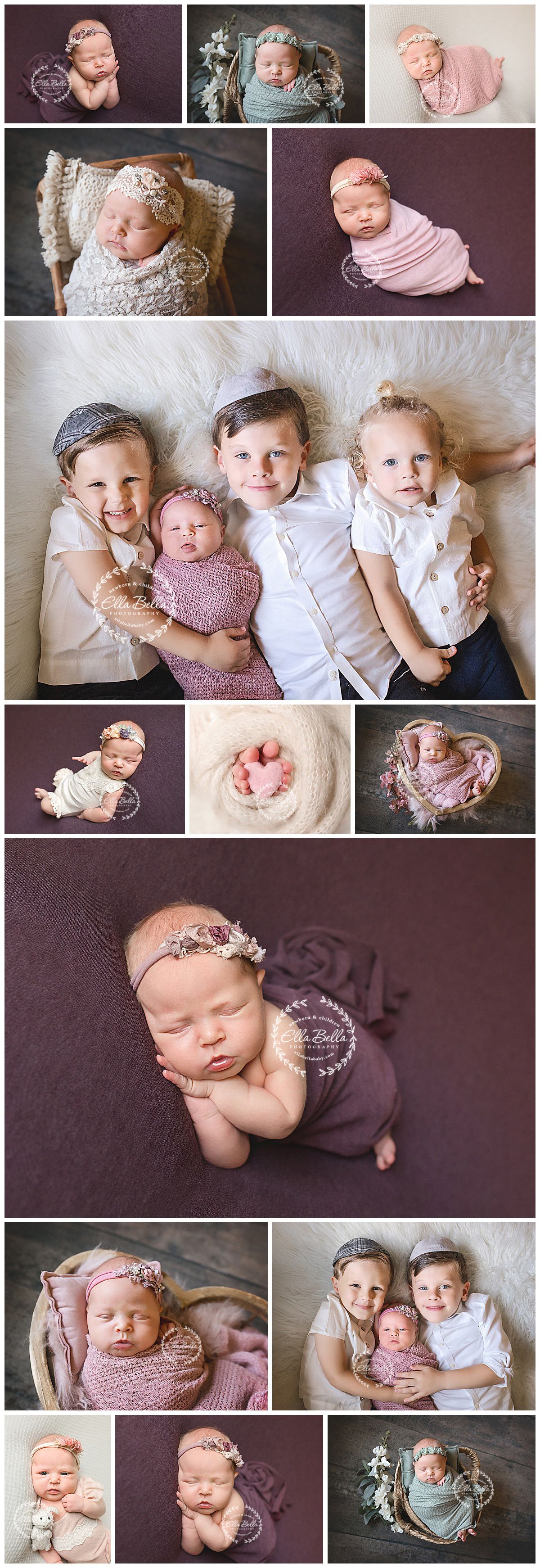 Professional newborn photo collage featuring sleeping babies in soft pink and gray tones with delicate wraps and poses.