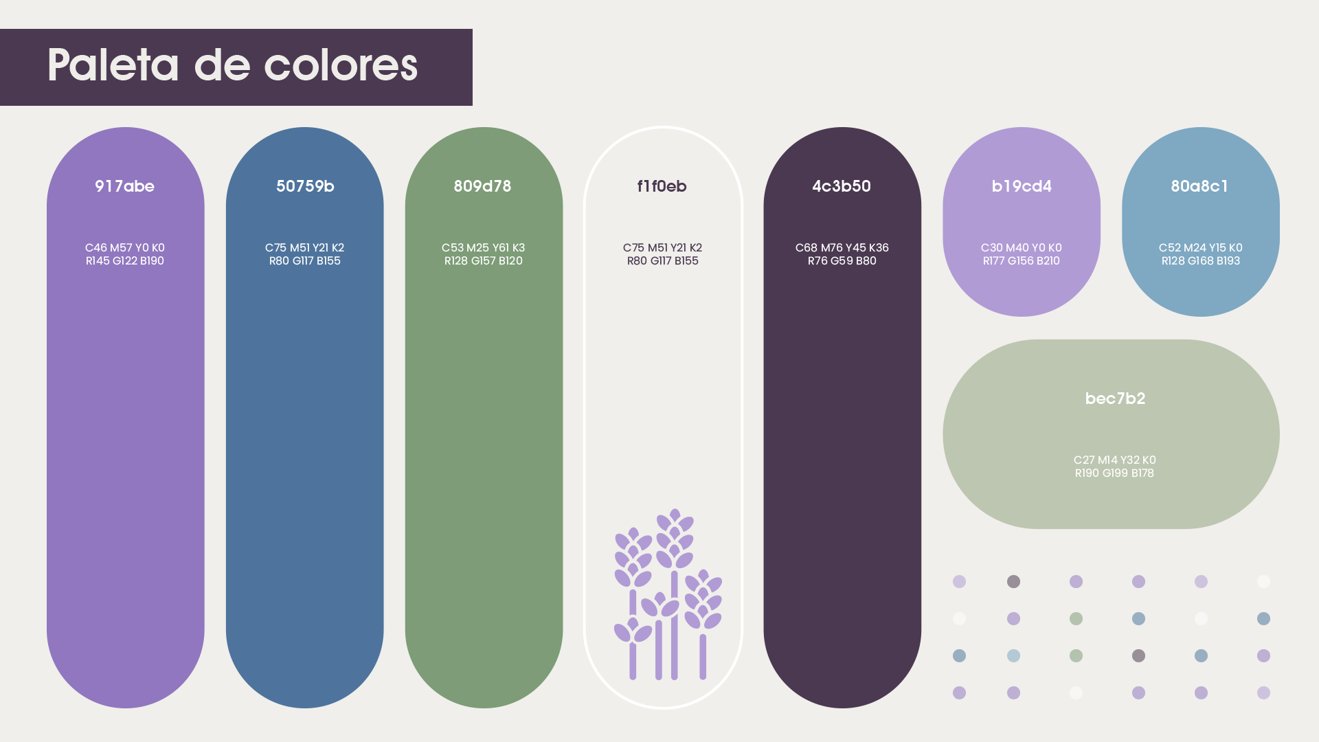 A color palette design system showing various shades of purple, blue, and sage green arranged in rounded shapes.