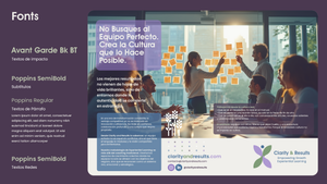 A horizontal scrolling interface displays multiple design slides with text and graphics in purple and blue tones.