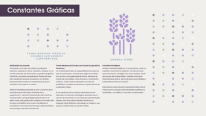 Purple and white graphic design elements showing brand identity guidelines with icons and text layouts.