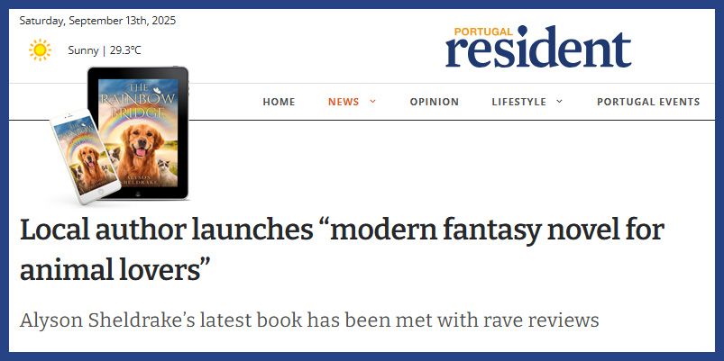Portugal Resident newspaper headline announcing local author Alyson Sheldrake launching a modern fantasy novel for animal lovers.
