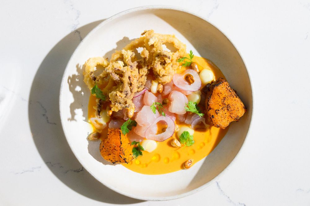 A white plate with crispy breaded cutlet topped with colorful garnishes and creamy sauce in bright lighting.