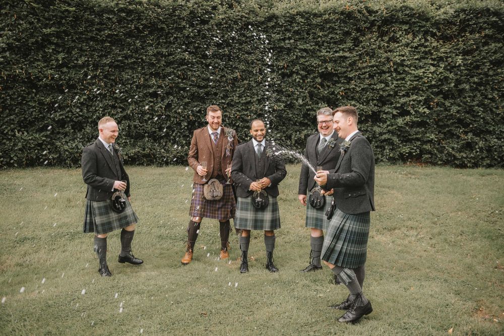 A sequence of candid outdoor celebration moments showing guests mingling and having fun in a garden setting.