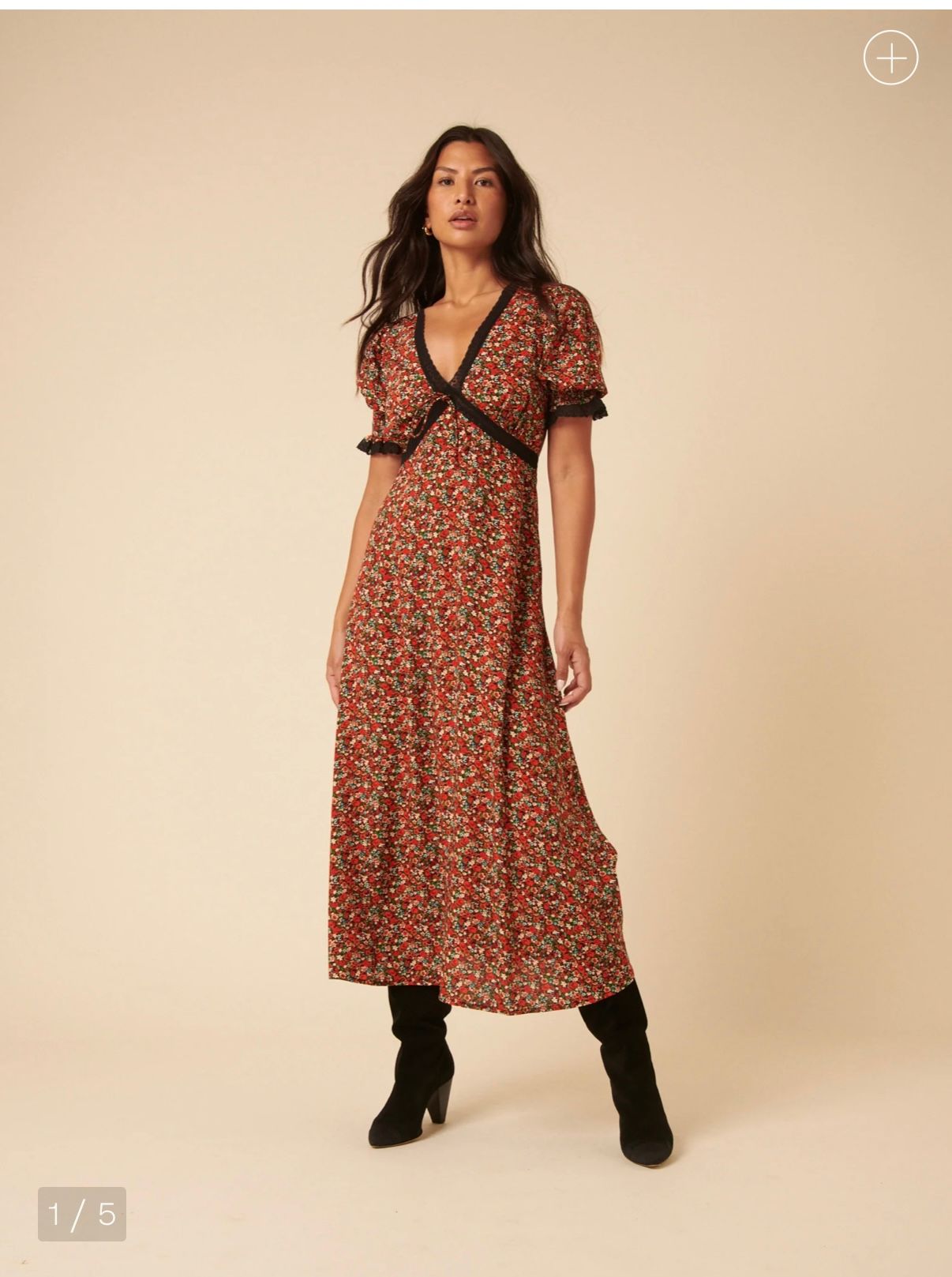 Floral print short-sleeve dress in rust color with black ankle boots shown from multiple angles against beige backdrop.